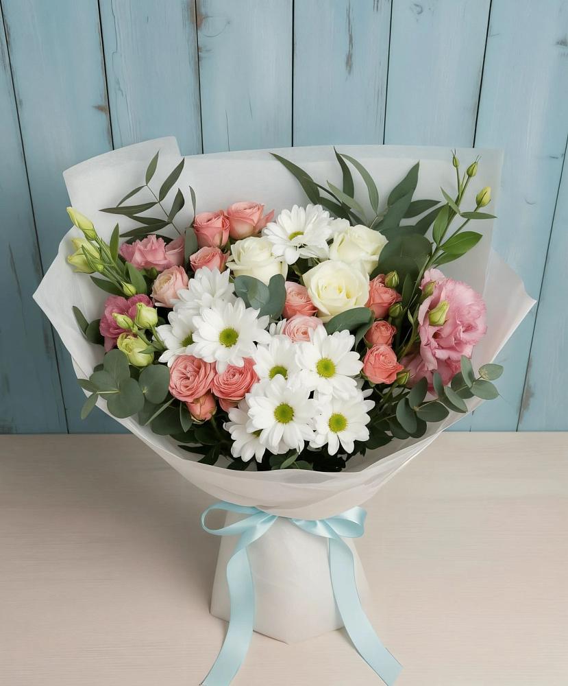 Букет цветов из: Розы, Лизиантусы и Хризантемы в Апастово