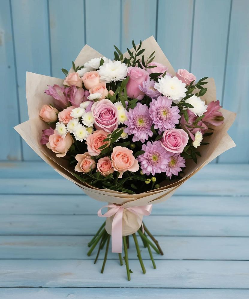 Букет цветов из: Хризантемы, Розы и Альстромерии в Апастово