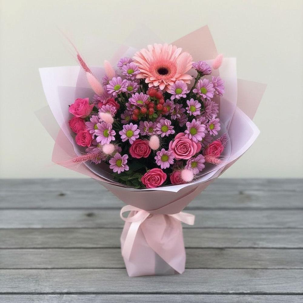 Букет цветов из: Розы, Герберы и Хризантемы в Апастово